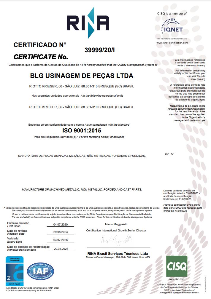 Certificado ISO 9001:2015 BLG USINAGEM